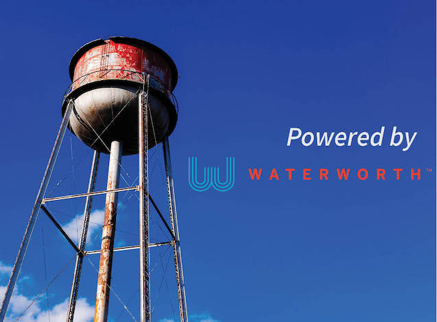 Water tower with Powered by Waterworth text