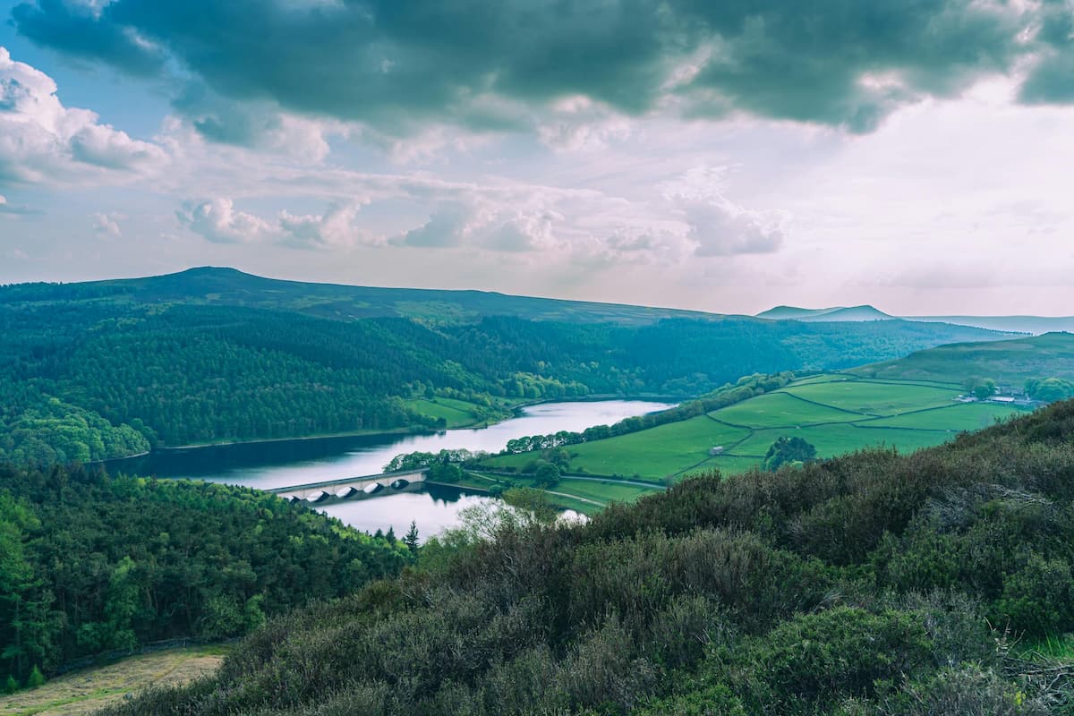 Reservoir and farmland in a green valley