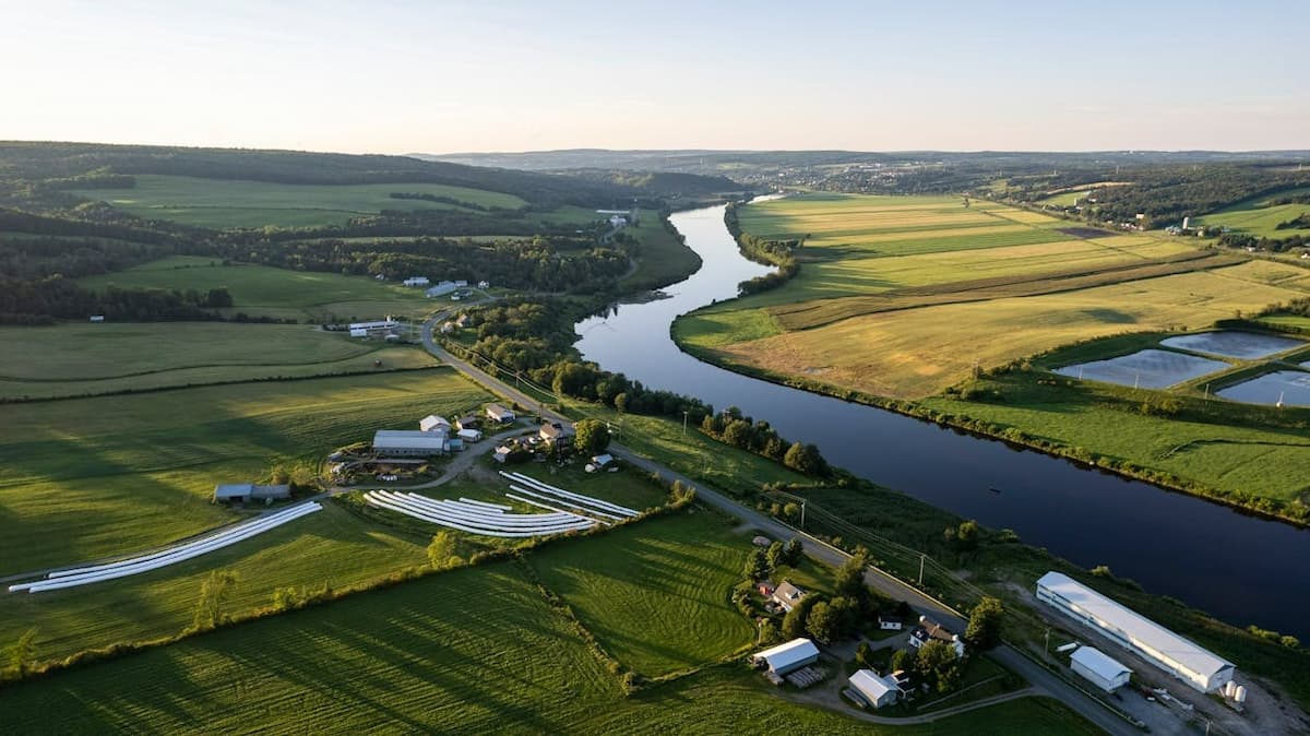 Aerial view of farmland and a river winding through a green valley